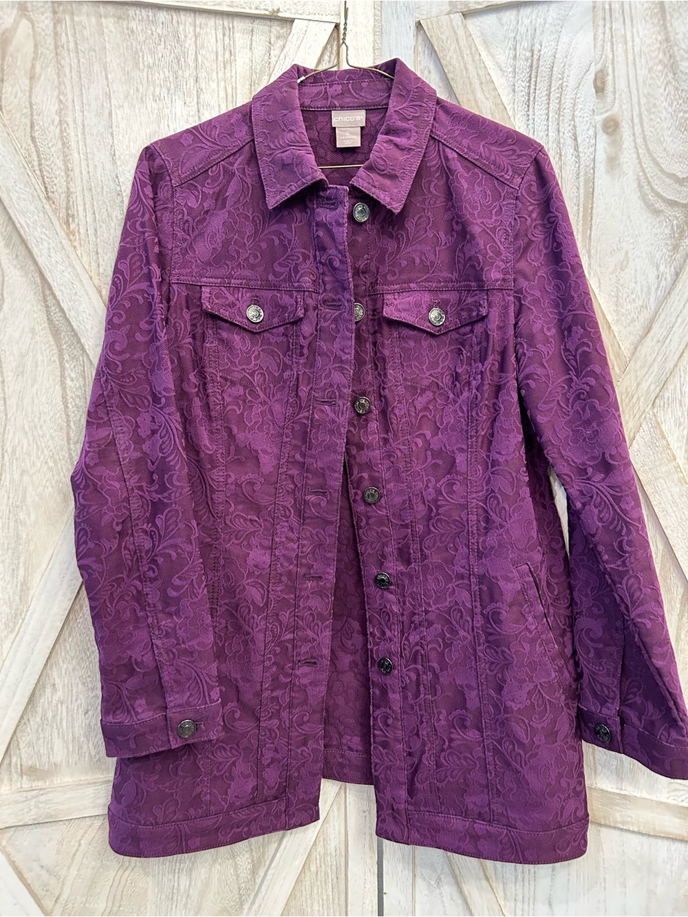 Chico's Deep Purple Textured Button-Front Jacket - Picture 2 of 8